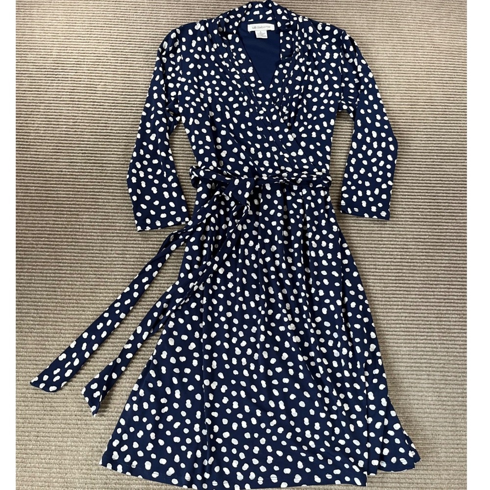 Liz Claiborne Navy Blue White Polka Dot Faux Wrap Dress 3/4 Sleeve Size Small